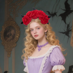 Victorian Rose & Feathered Headpiece Red Flower Soft Pastel