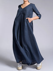  Women's Solid Half Sleeve V Neck Maxi Dress With Pockets