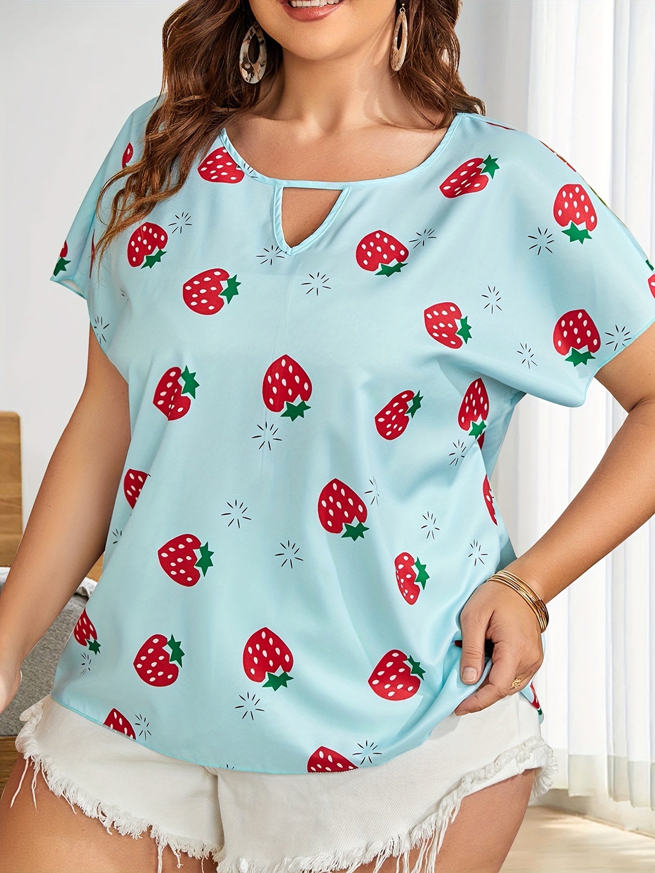  Strawberry Print Notched Blouse