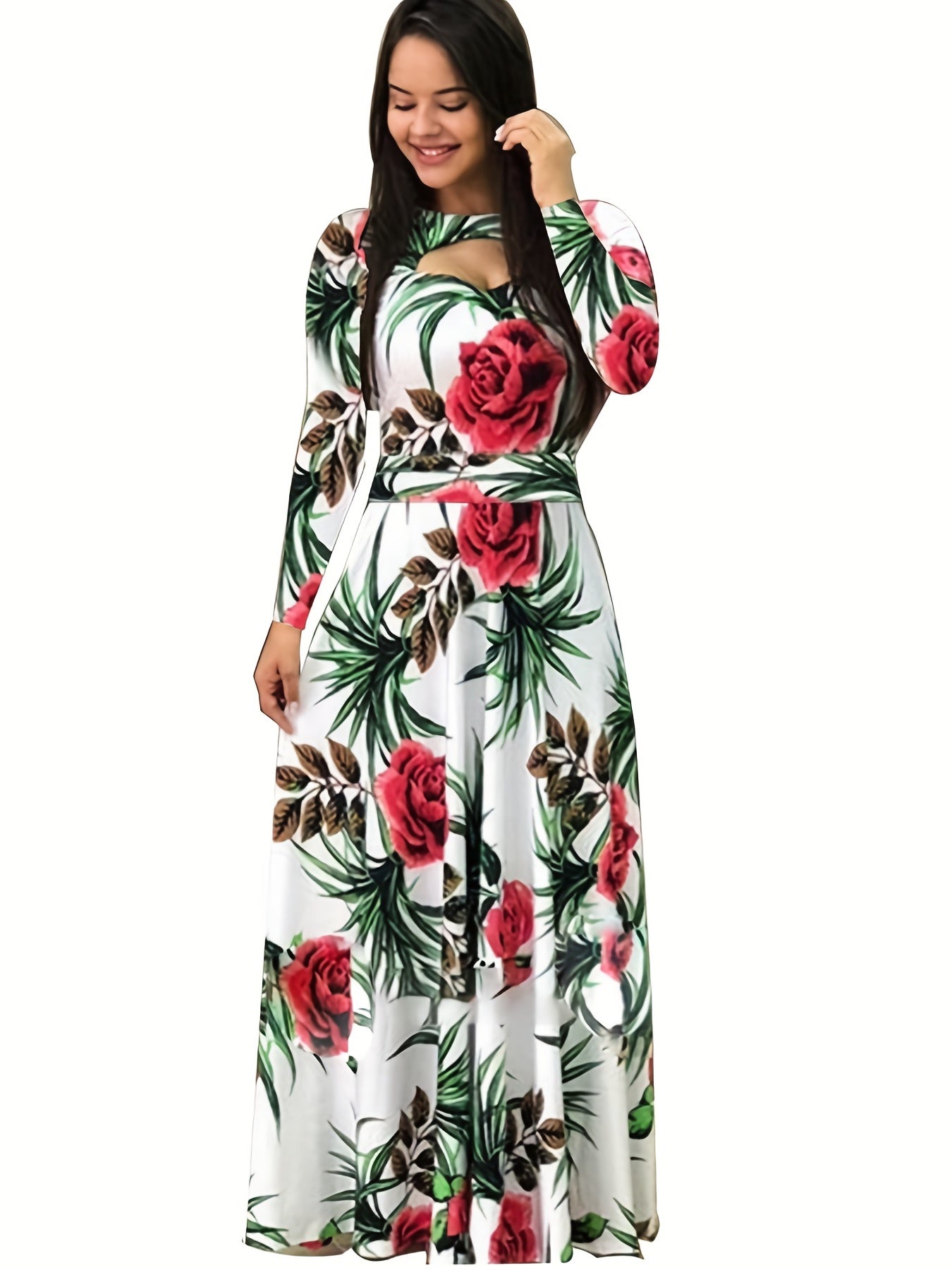  Rose Print Cut Out Maxi Dress
