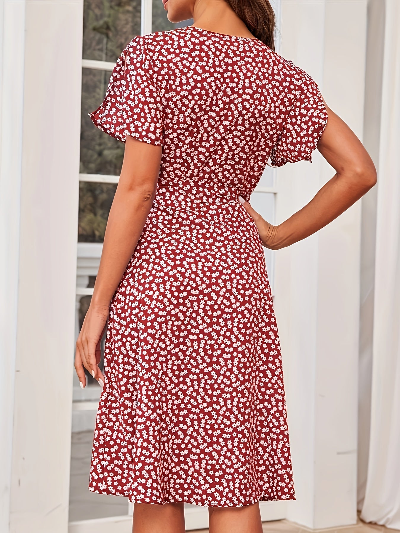 Floral Print Vacation Dress V Neck Short Sleeve Knot Summer Dress