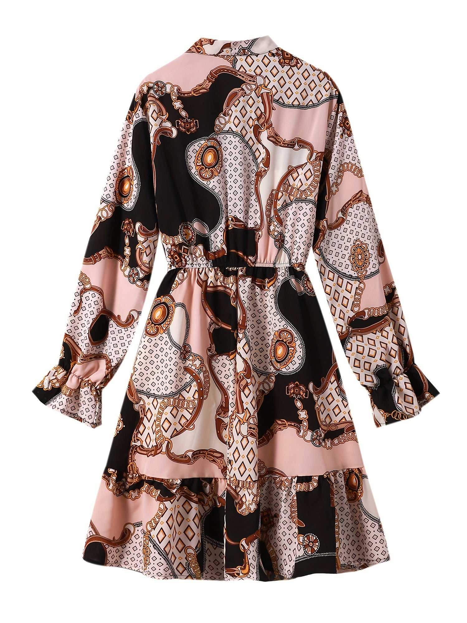  Colorblock Geometric Print Lantern Sleeve Smock Dress