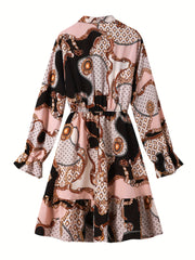  Colorblock Geometric Print Lantern Sleeve Smock Dress
