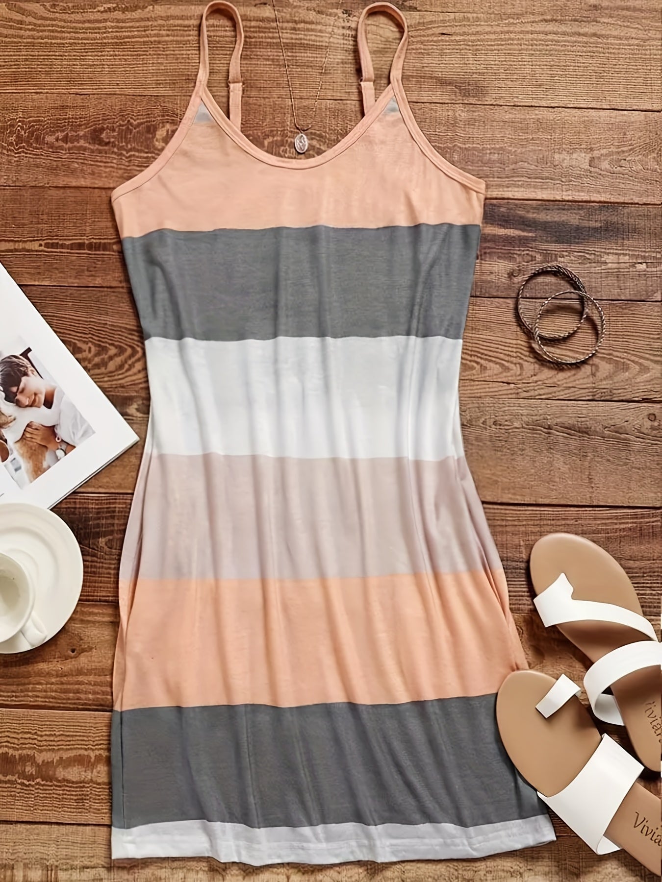  Colorblock Round Neck Cami Dress