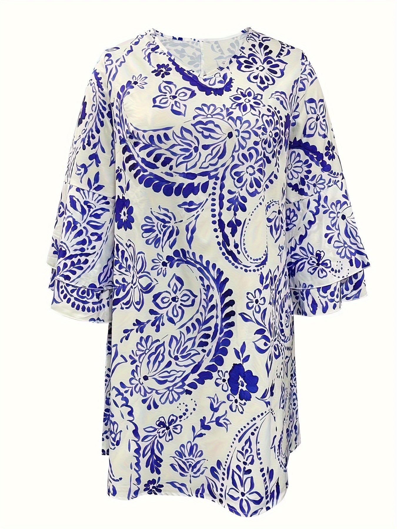  Floral Bell Sleeve V Neck Mini Dress