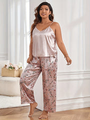  Satin Cami Top & Floral Print Pants Pajama Set