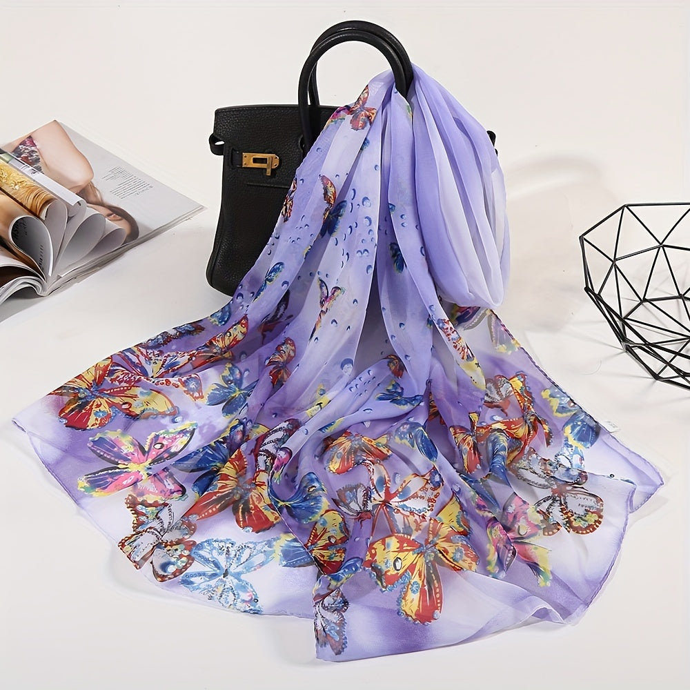 Butterfly Print Chiffon Scarf Tie Dye Gradient Shawl