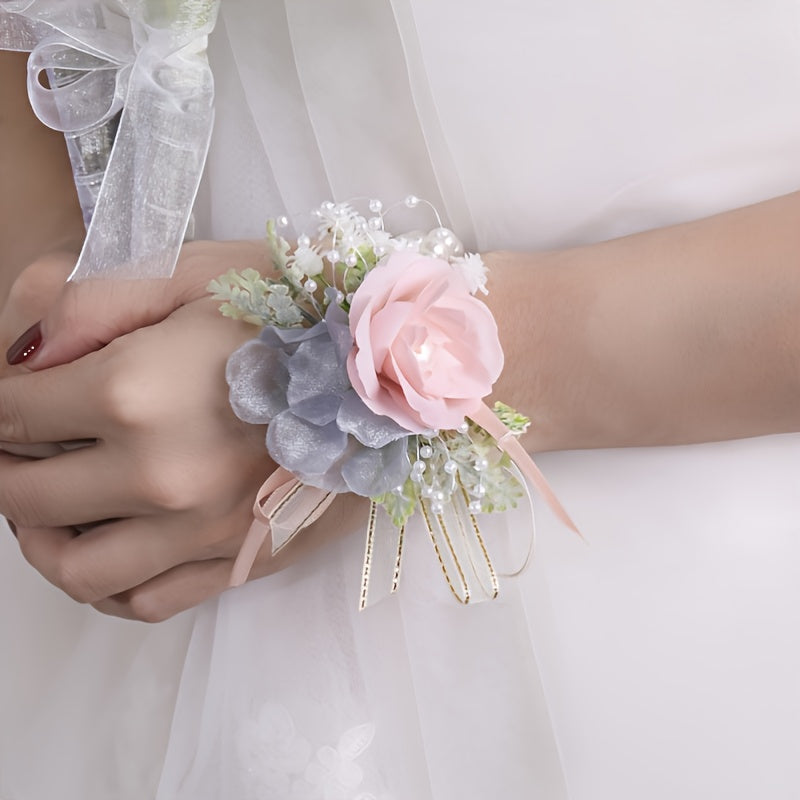 Faux Pearl Bracelet Wedding Corsage Fabric Hand Flowers