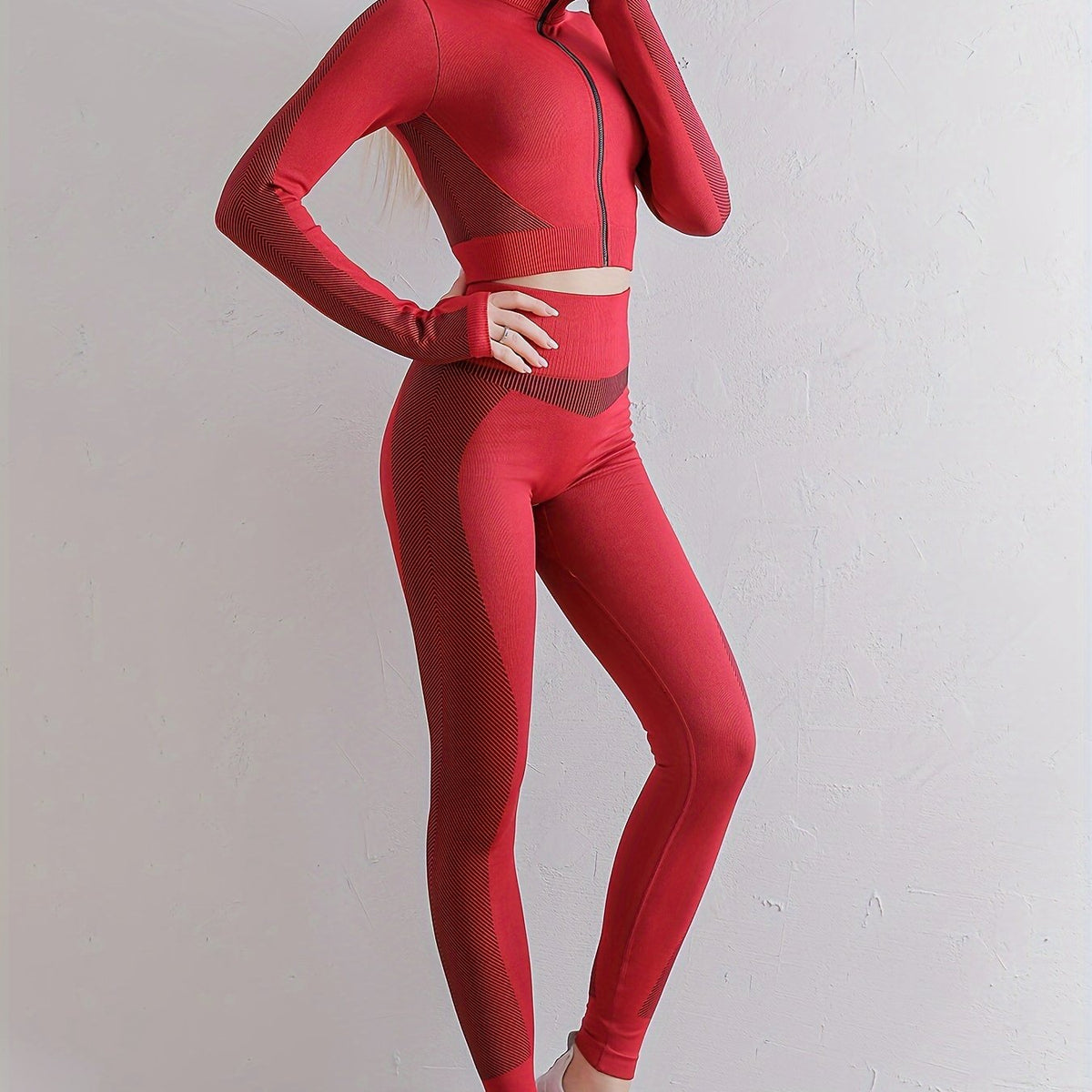 Yoga Workout Set Long Sleeve Zip Sports Top & Butt Lifting Leggings