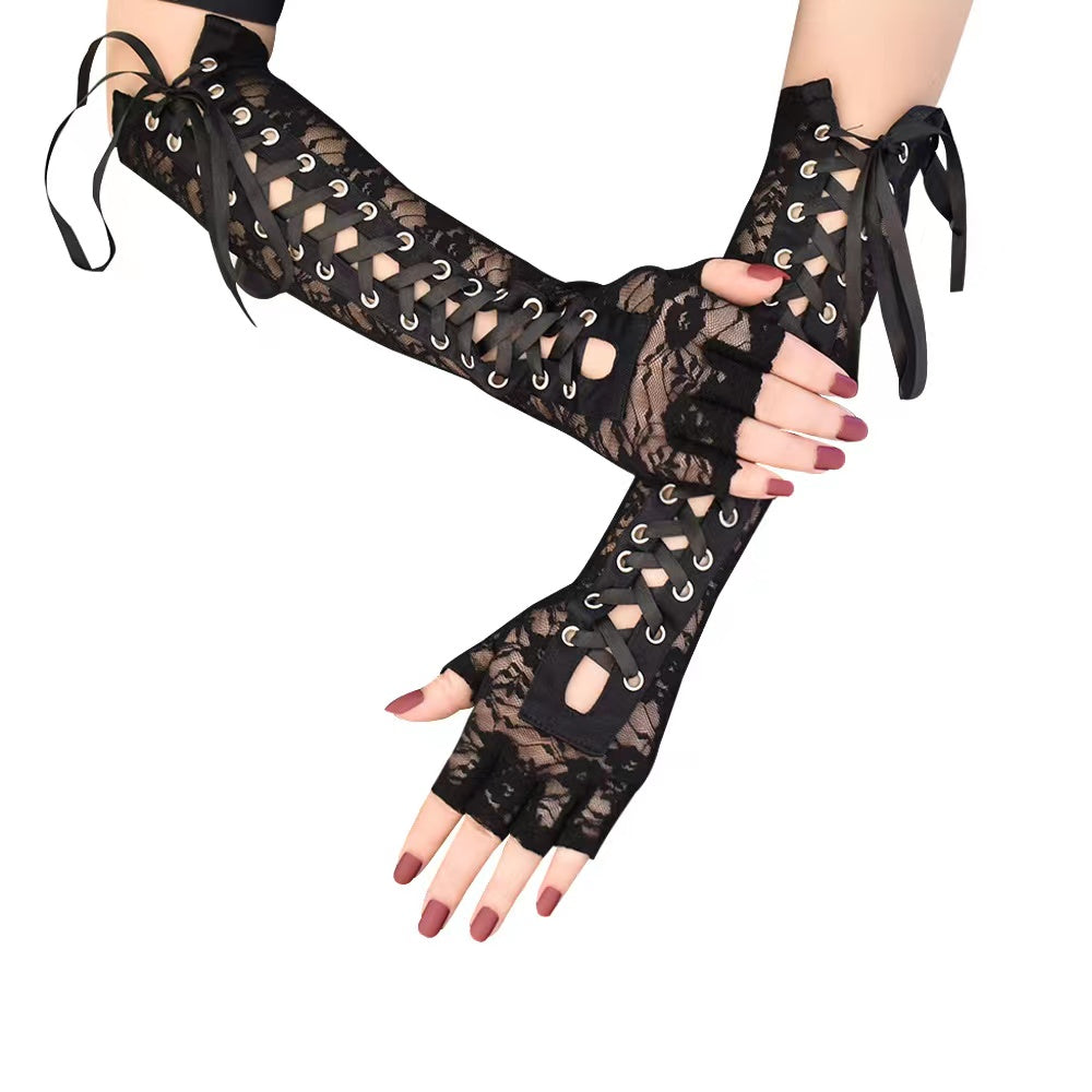 Lace Long Gloves Bandage Half Finger Arm Evening Party Y2K Punk