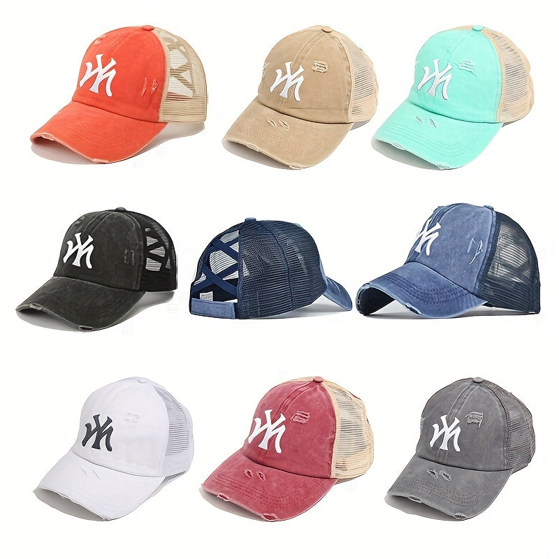 Embroidery Ponytail Trucker Hat Candy Ripped Washed Distressed Baseball Cap