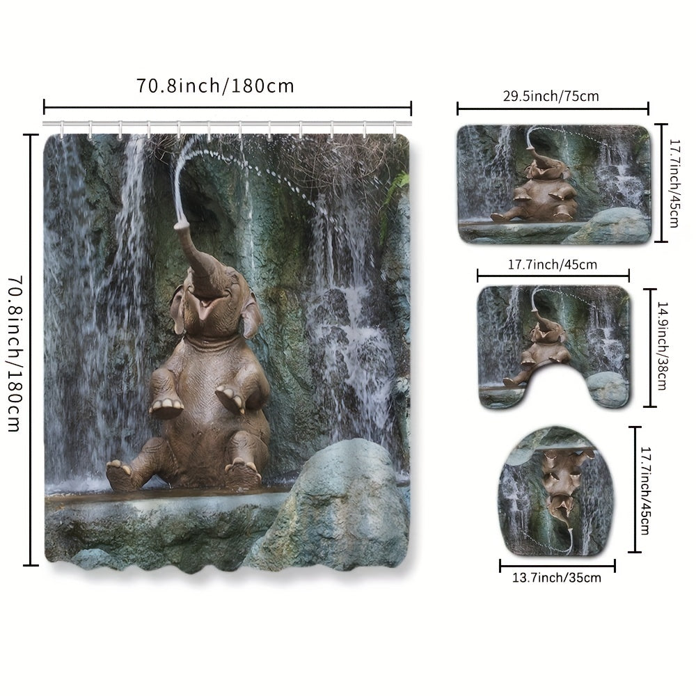 Elephant Print Shower Curtain Set with Rug & Hooks