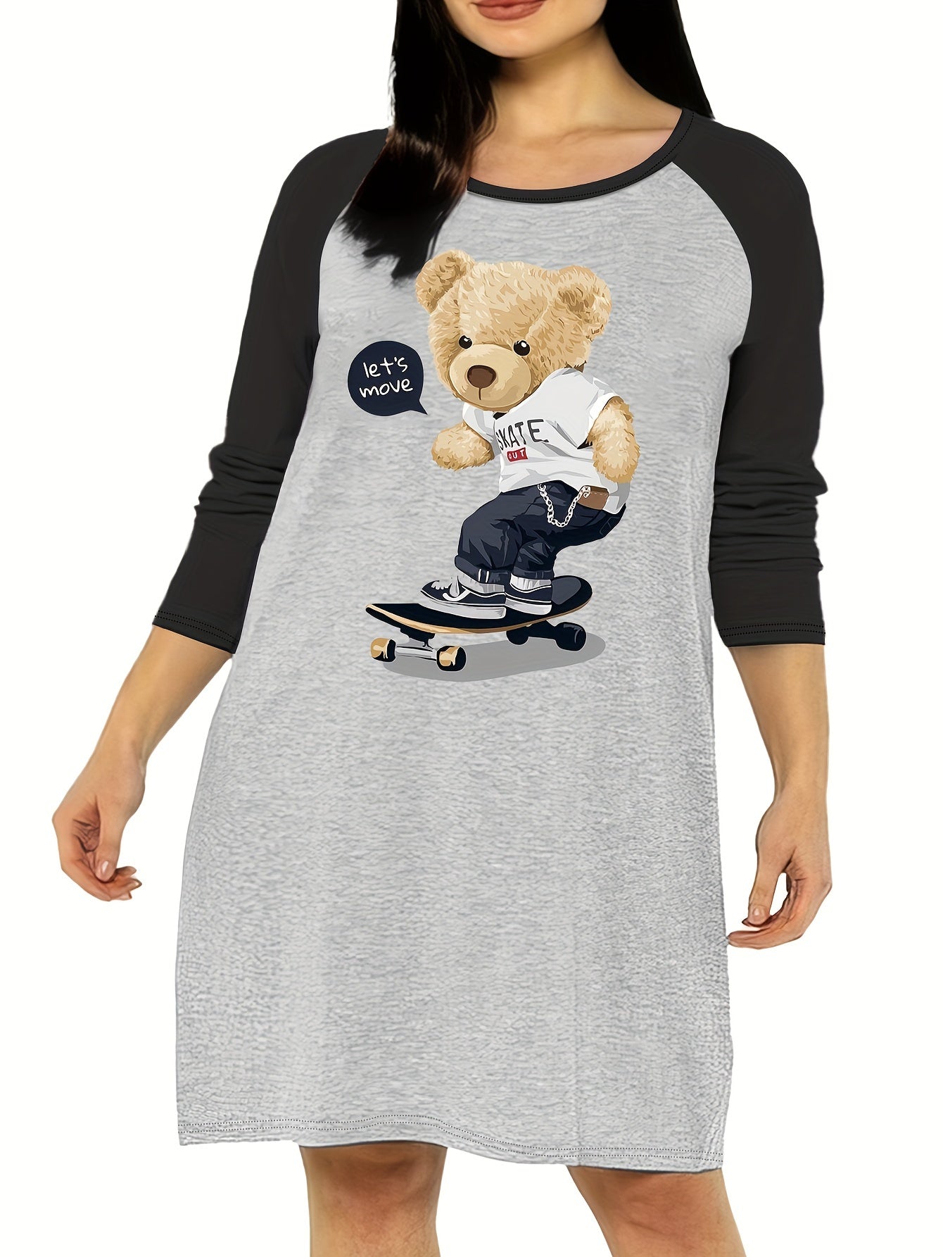  Nightdress Women's Teddy Bear & Skateboard Print Raglan Sleeve Tee