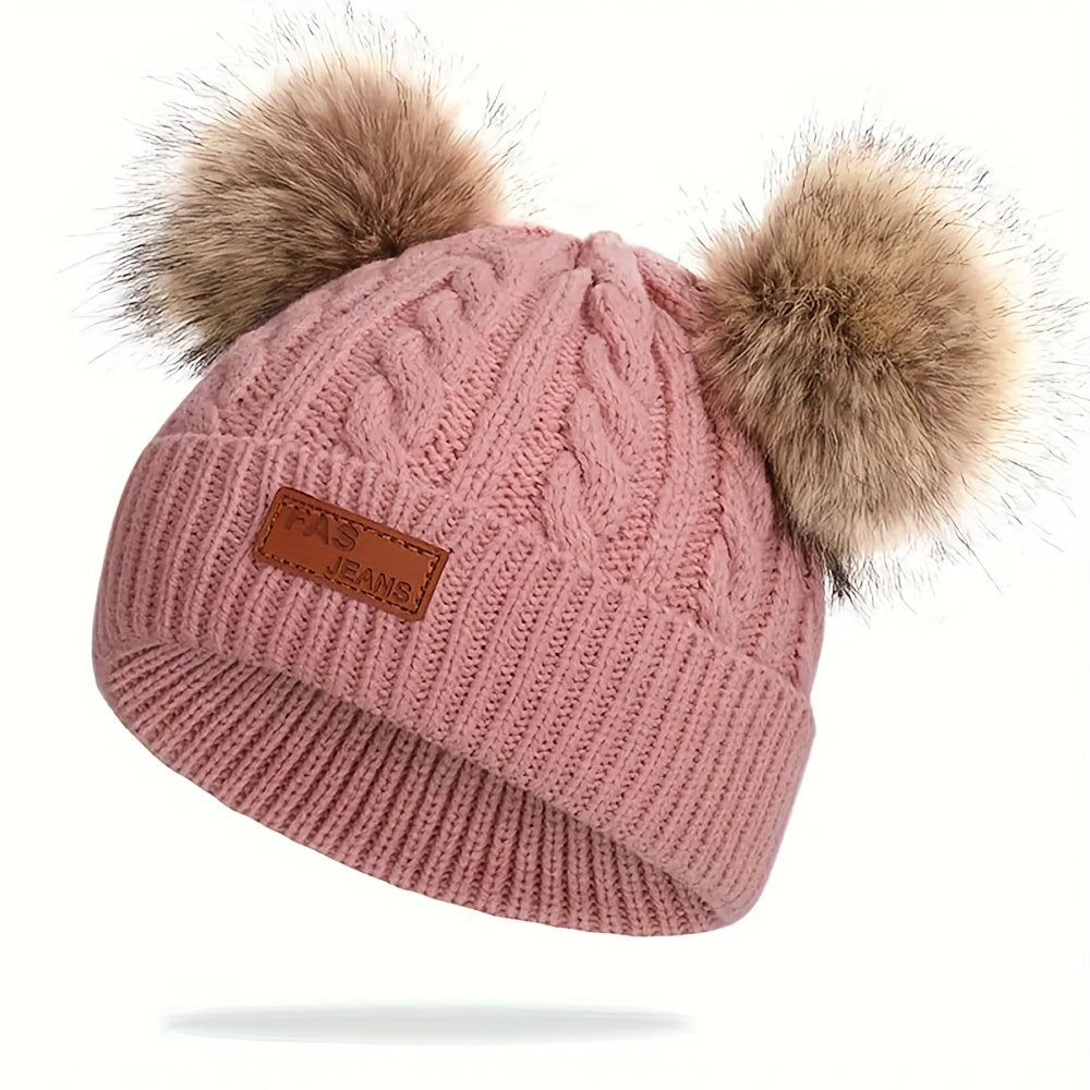 Kids Double Fur Ball Beanie Knitted Hat Autumn Winter Warm Ear Protection