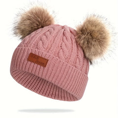 Kids Double Fur Ball Beanie Knitted Hat Autumn Winter Warm Ear Protection