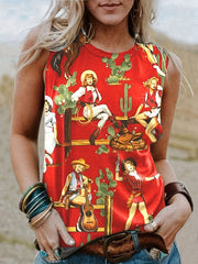  Cowboy Print Tank Top Round Neck Medium Stretch Western Style