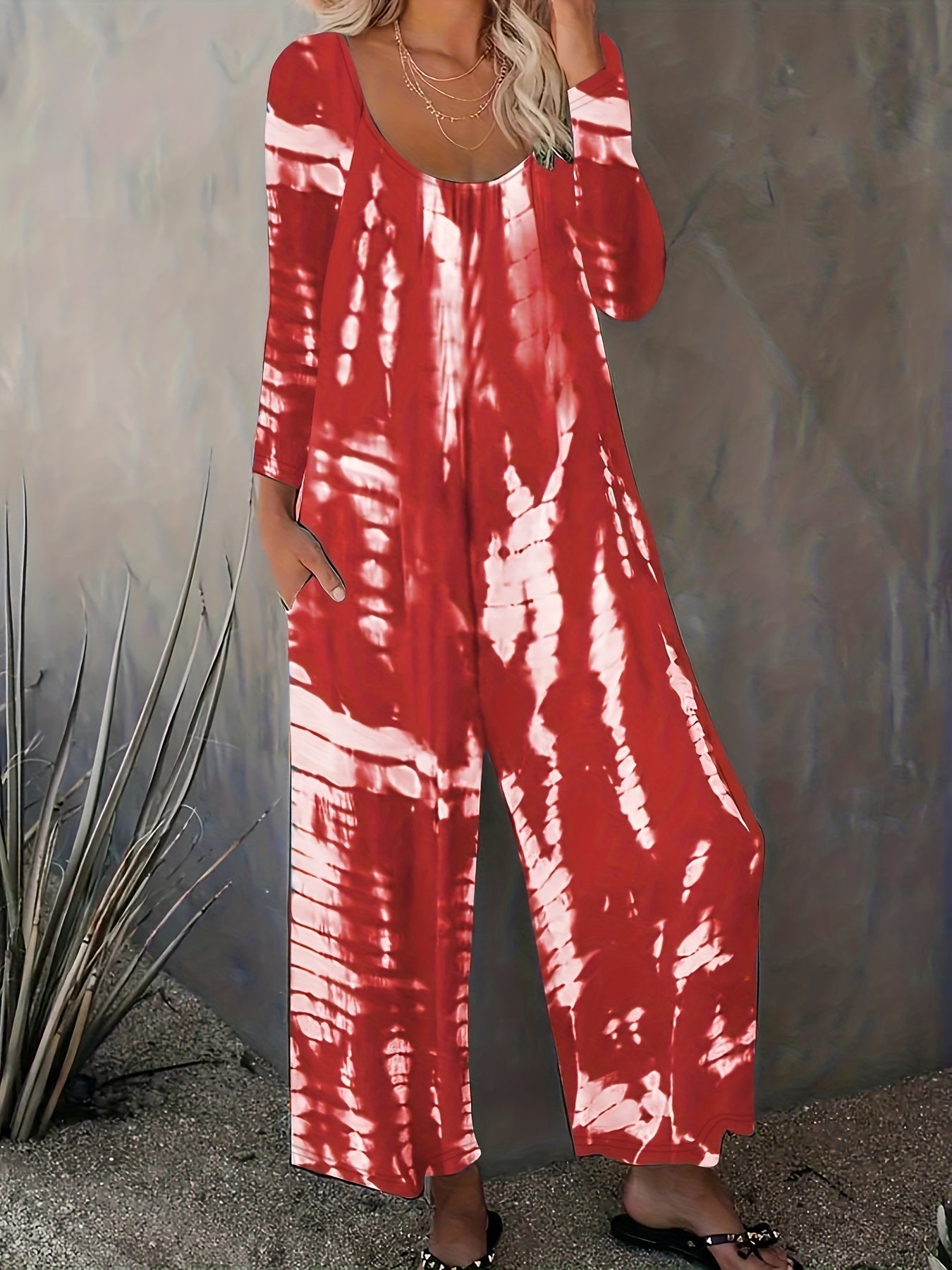  Tie Dye Long Sleeve Round Neck Wide Leg Jumpsuit With Pockets