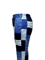  Colorblock Denim Print Button Detail Wide Leg Trousers