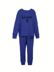 Women's Plus Heart Print Long Sleeve Top & Joggers Outfit Set