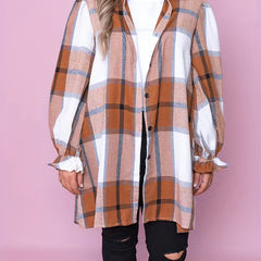  Plaid Flounce Sleeve Button Up Tunic Shirt Top