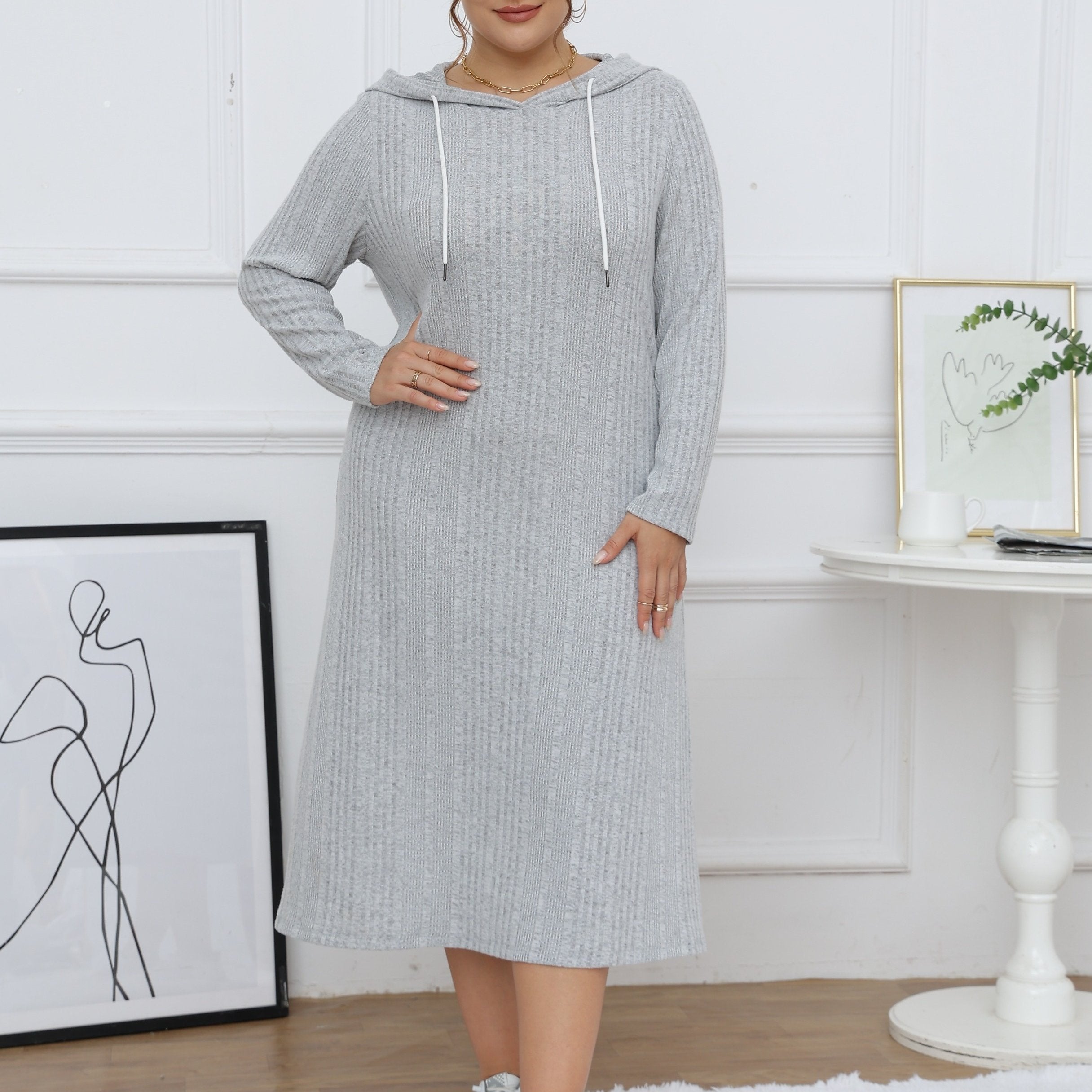  Ribbed Long Sleeve Hooded Dress