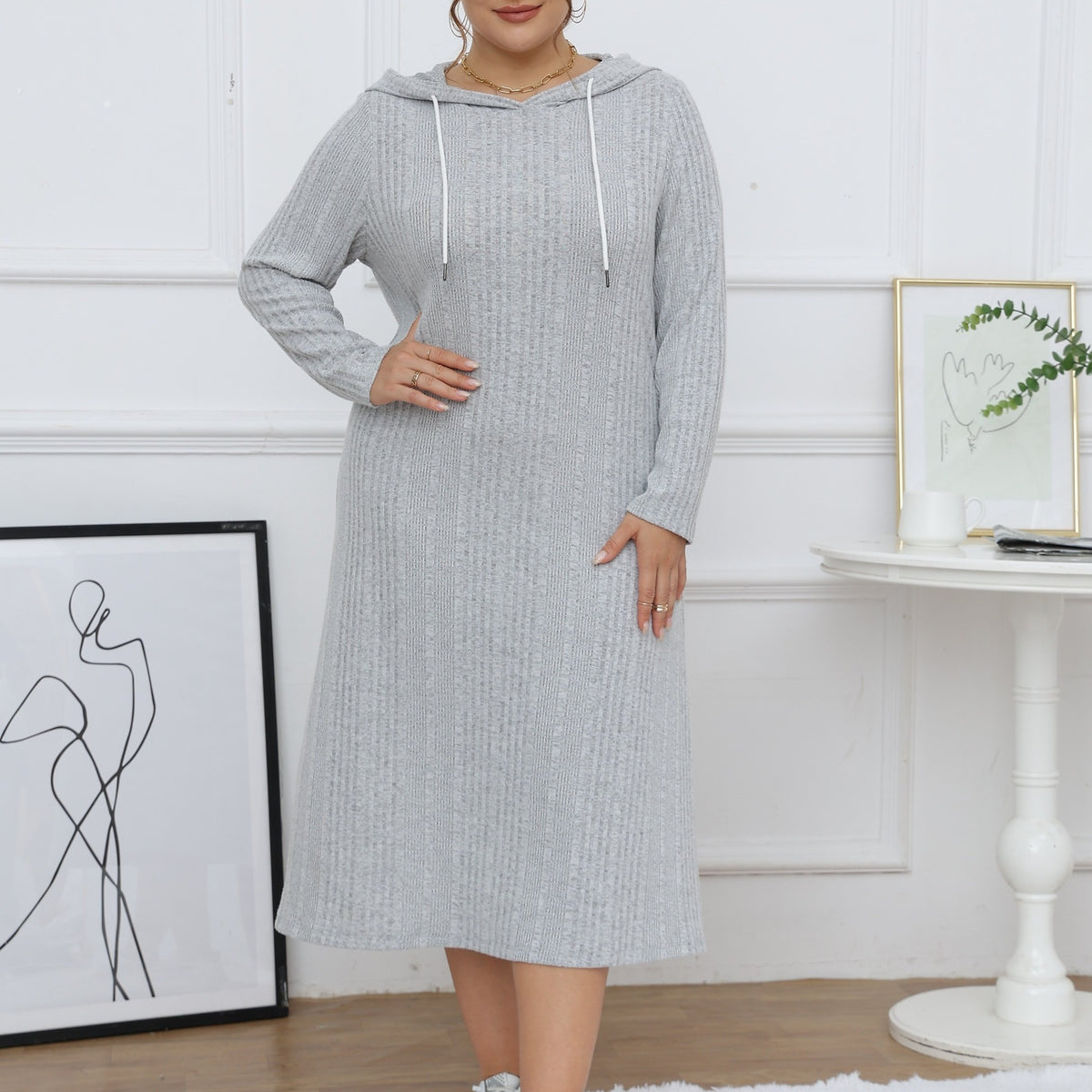  Ribbed Long Sleeve Hooded Dress
