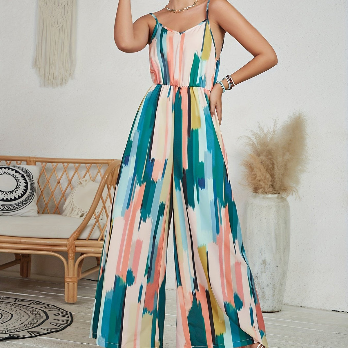 Spaghetti Strap Jumpsuit Wide Leg Sleeveless Vacation Jumpsuit