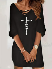  Casual Dress Cross Letter Print Lantern Sleeve Tee Dress