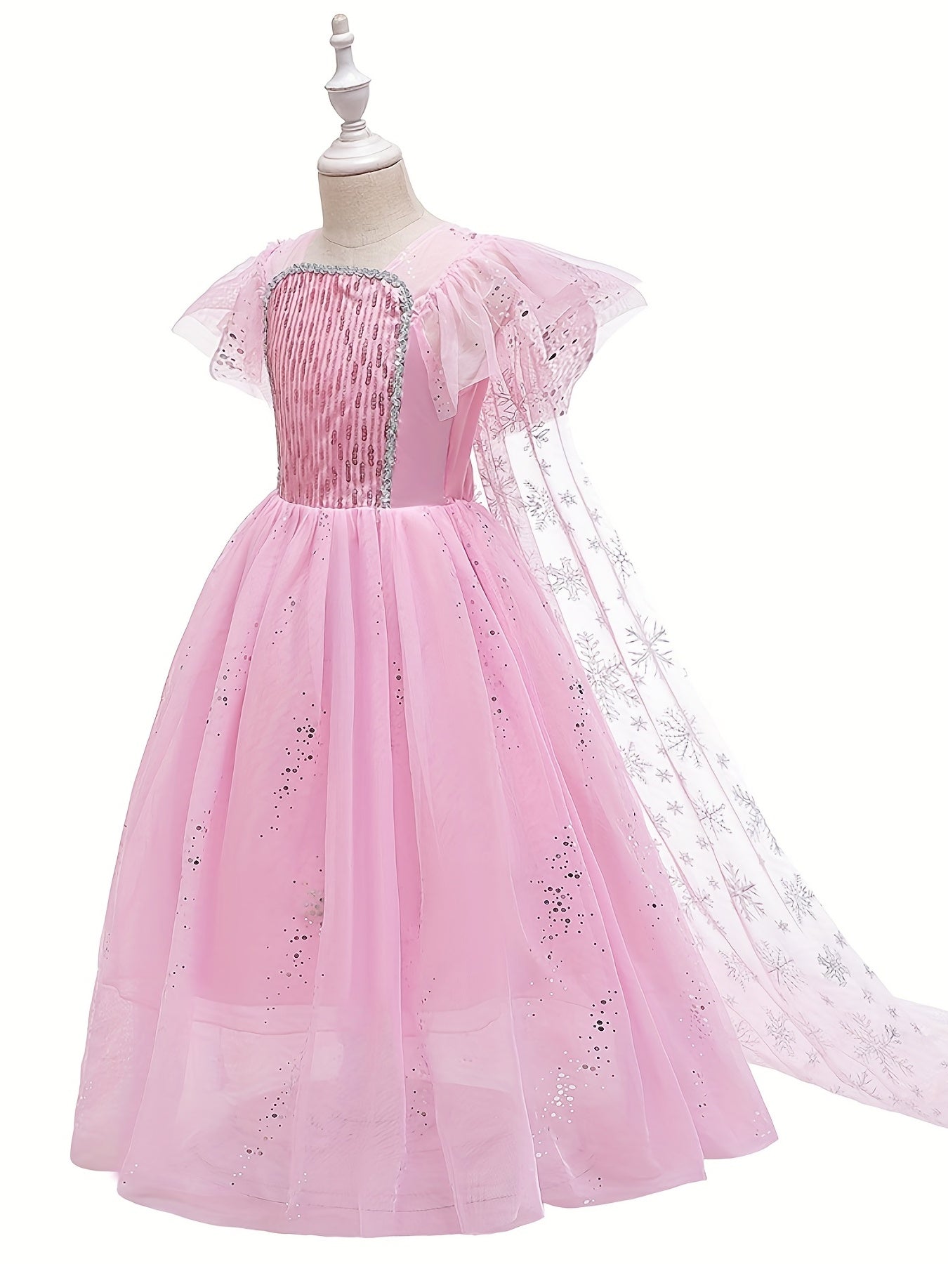 Girls Sequin Snowflake Princess Dress Sleeveless Ruffle Mesh Cape