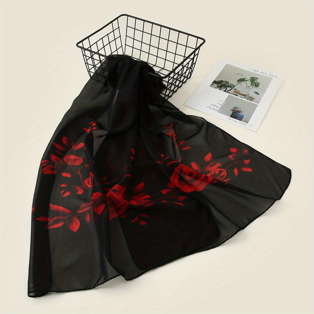 Rose Flower Print Chiffon Shawl Scarf for Beach Vacation