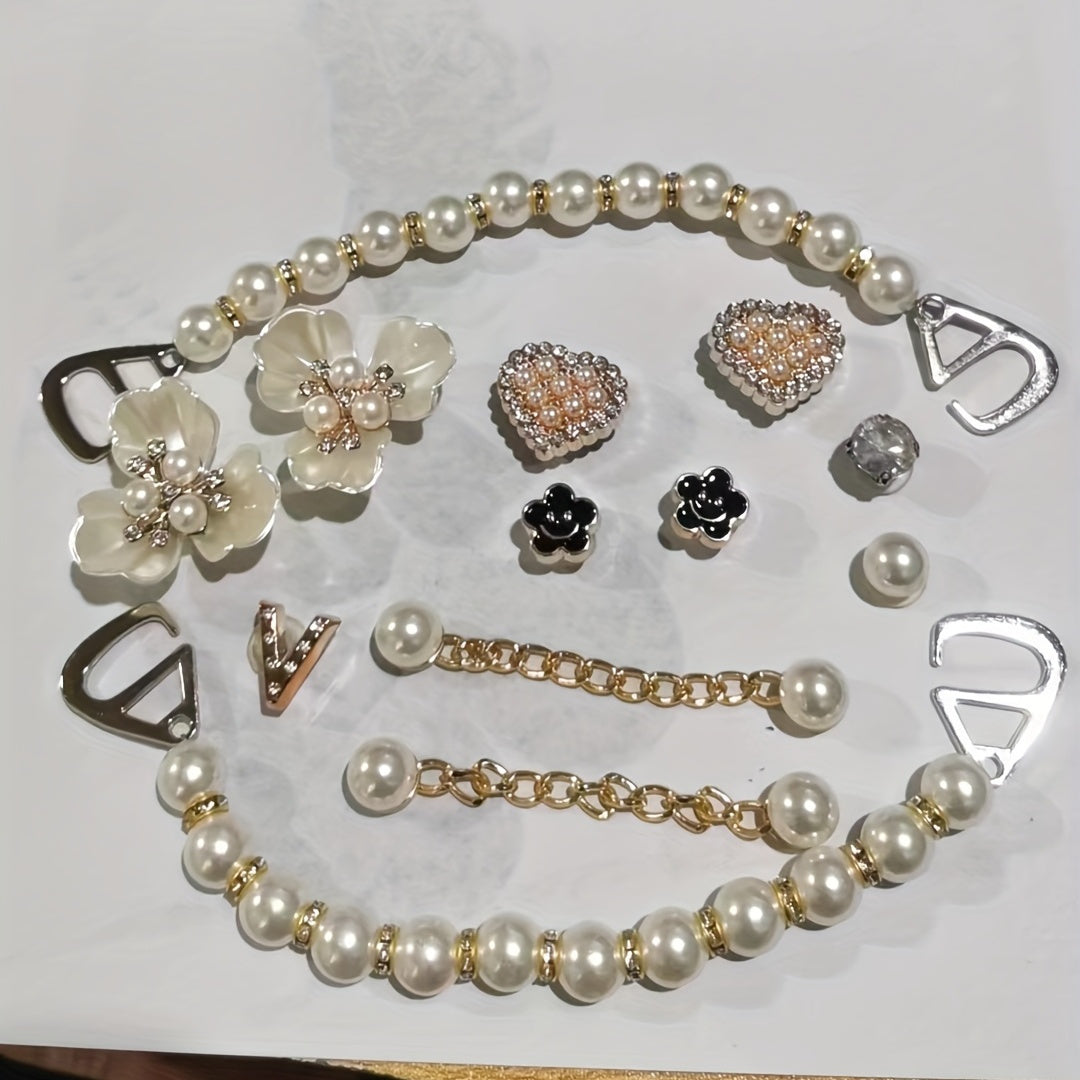 13Pcs Faux Pearl Chain & Flower Shoe Charms for Clogs Garden Shoes DIY