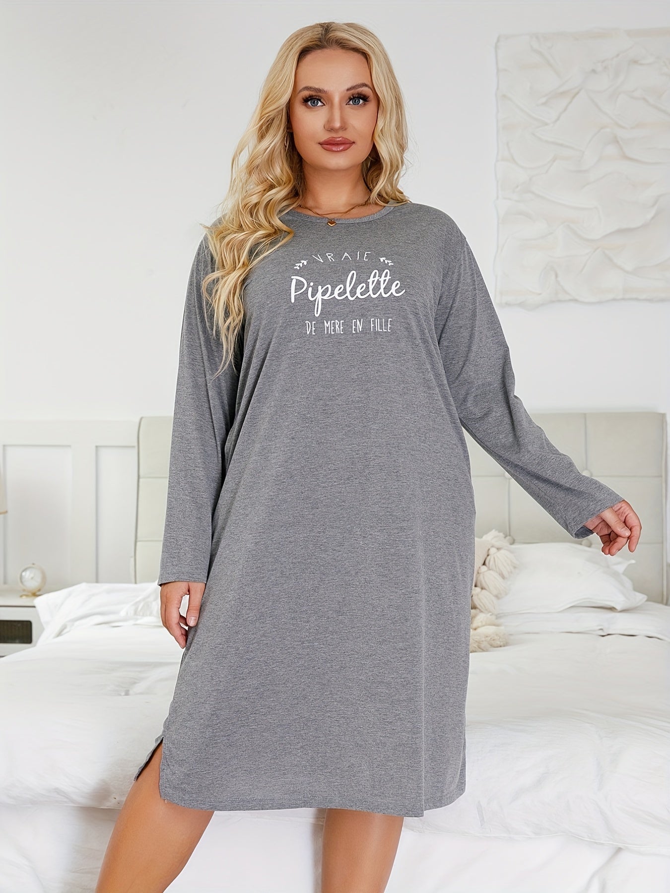  Casual Nightdress Women's Plus Letter Print Long Sleeve