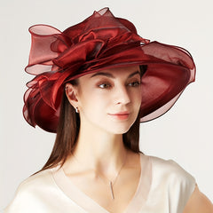 Red Organza Derby Hat Flower Decor Mesh Bucket Hat