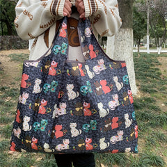 Large Capacity Shoulder Nylon Bag Cartoon Cats Print Foldable Shopper Bag