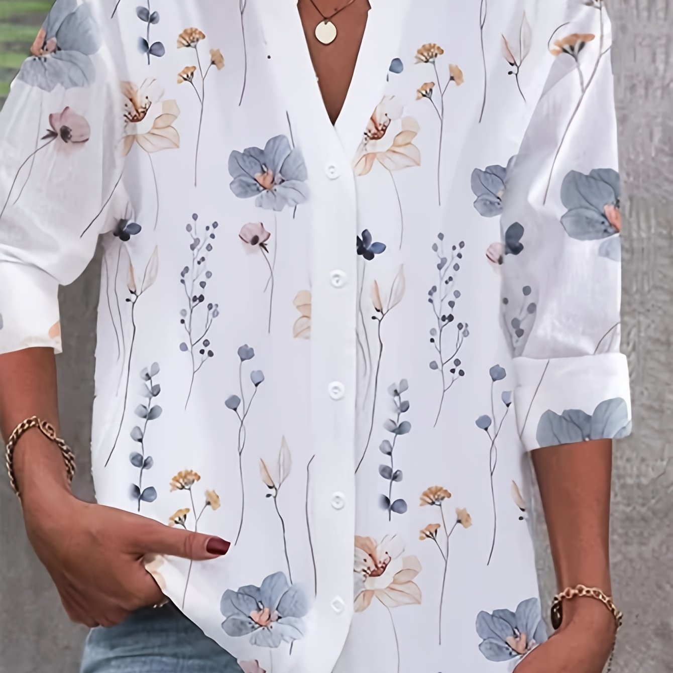  Floral Print Button Up Long Sleeve Blouse