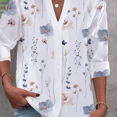  Floral Print Button Up Long Sleeve Blouse
