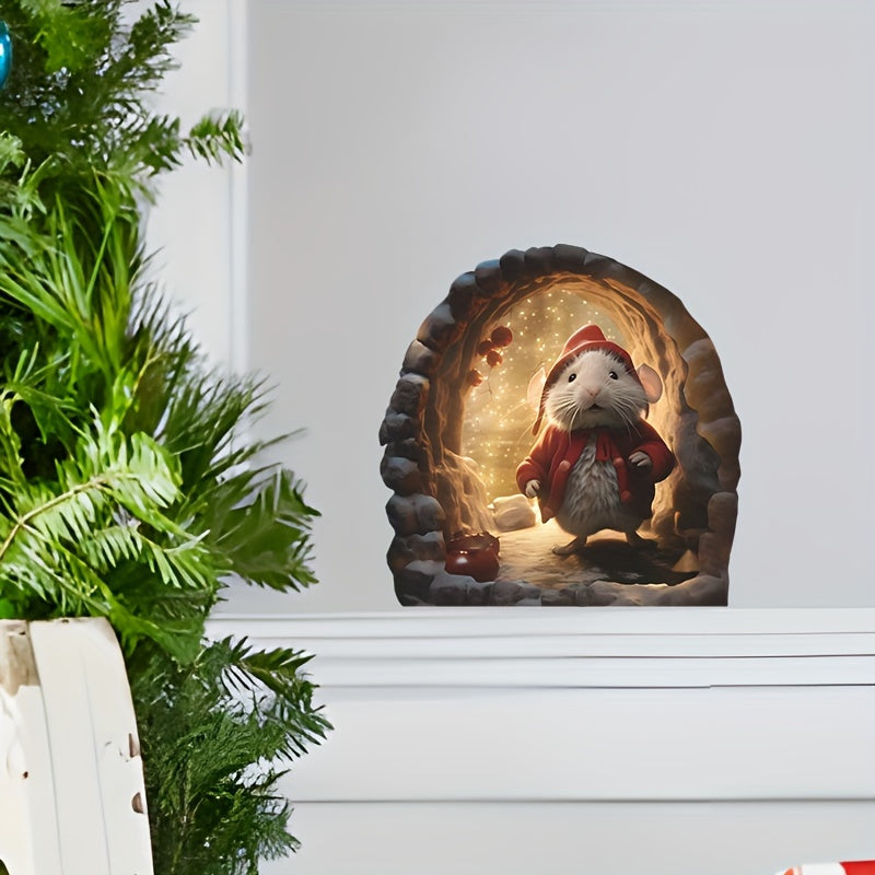 3D Mouse Hole Wall Sticker Christmas Hat Decal