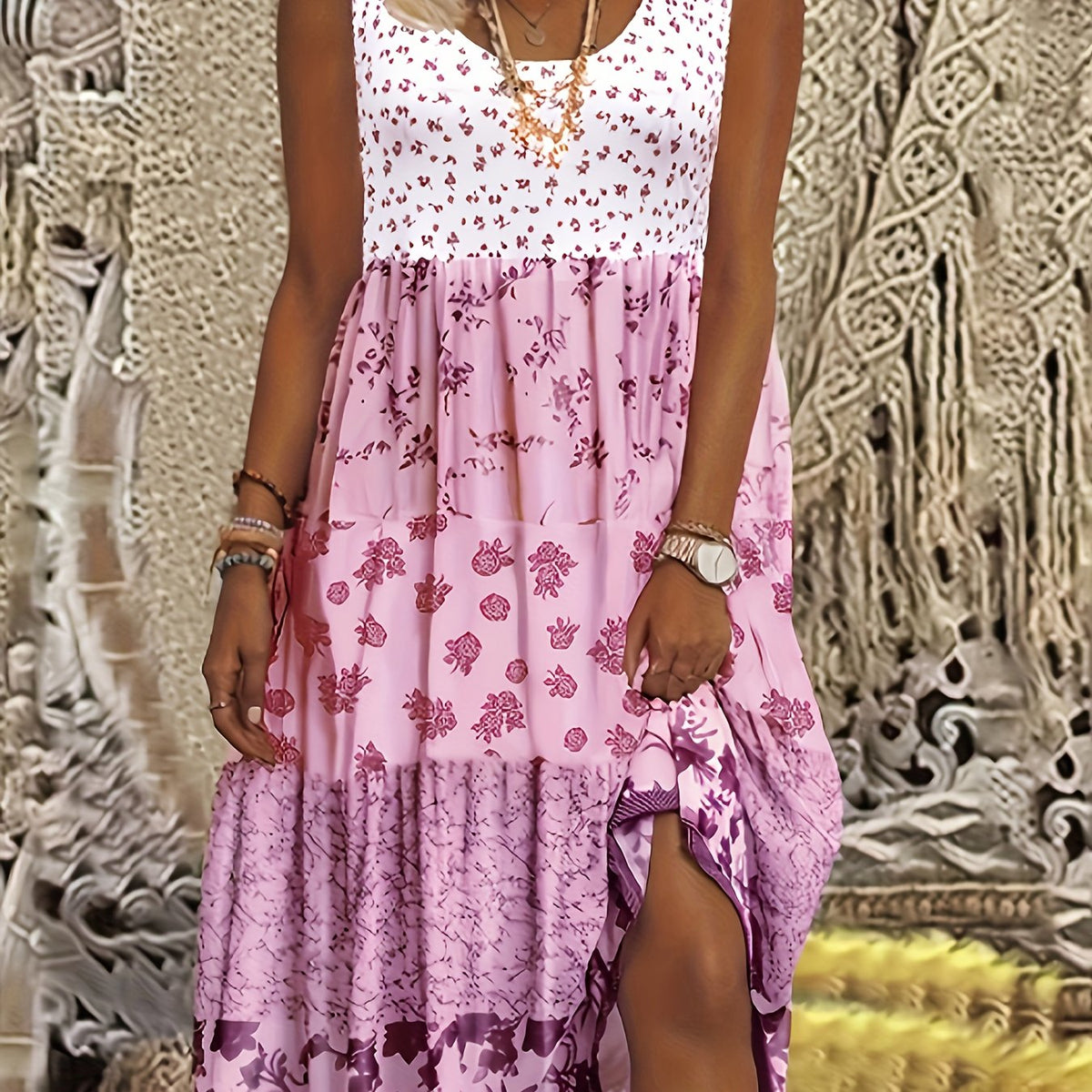  Colorblock Floral Print Round Neck Smock Dress