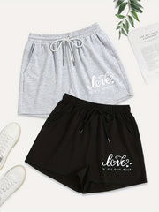 2 Pack Plus Size Casual Shorts Women's Plus Heart & Letter Print Drawstring