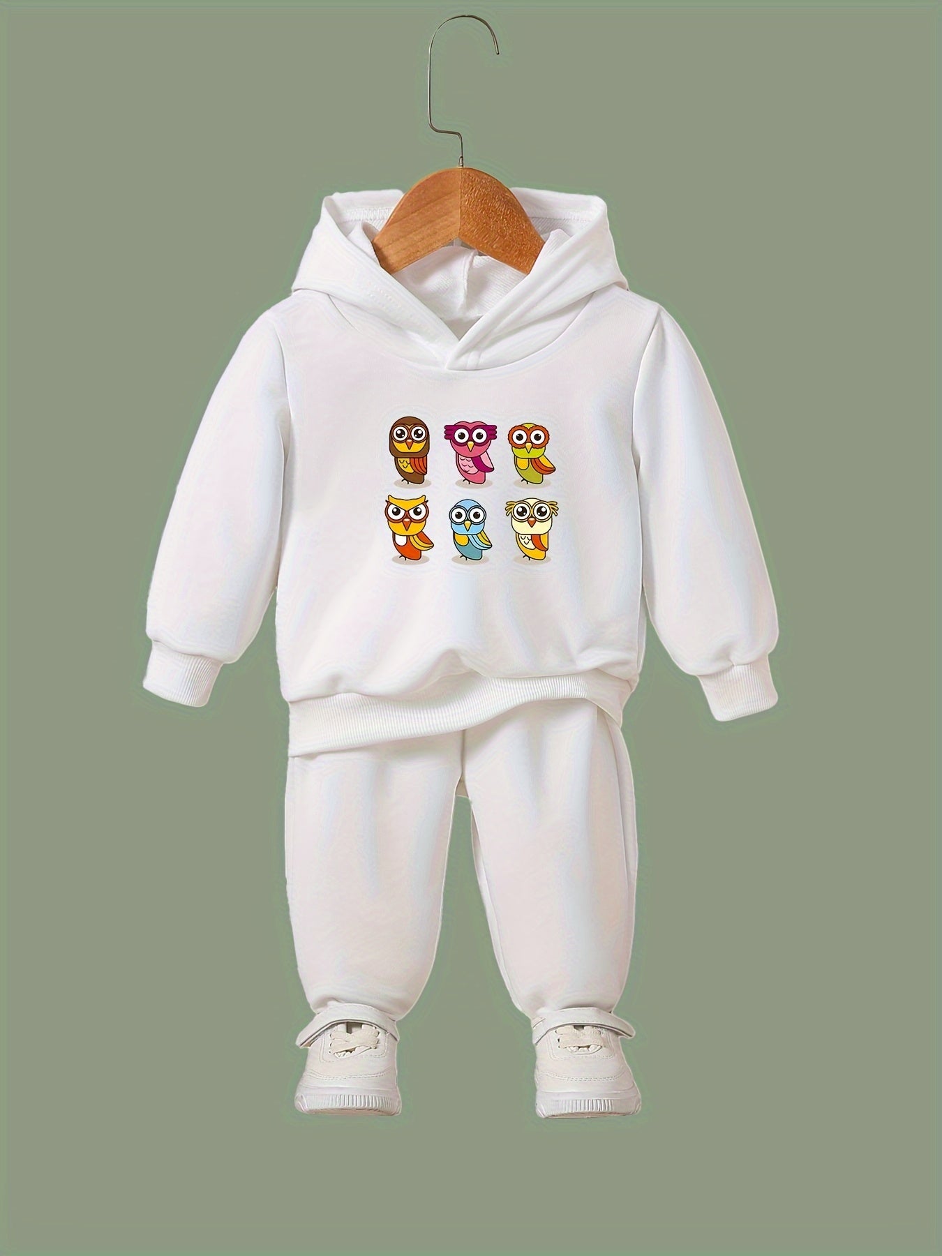Cartoon Owls Print Hoodie & Pants Set Girl's Sporty Clothes