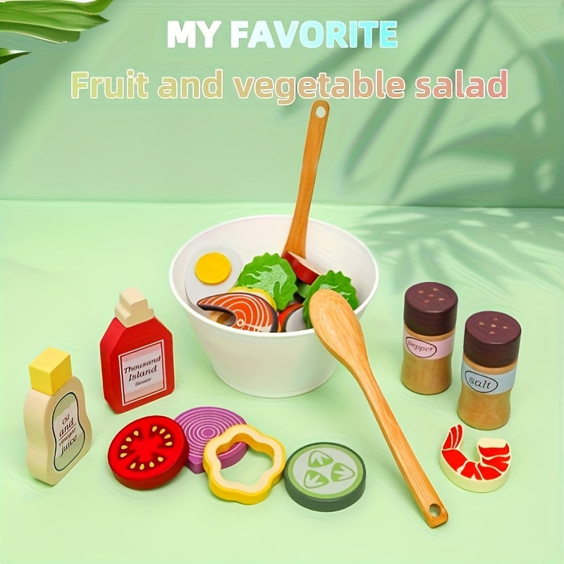 Wooden Fruit and Vegetable Salad Set with Utensils for Kids