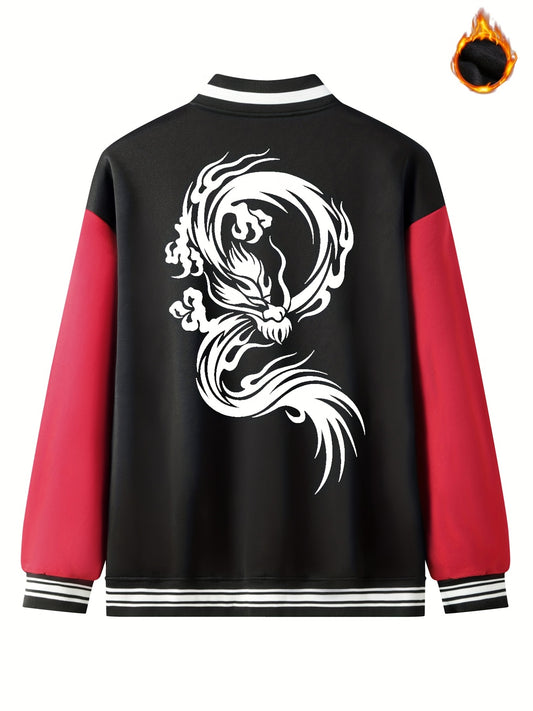 Dragon Symbol Pattern Plush Varsity Jacket Men's Jacket
