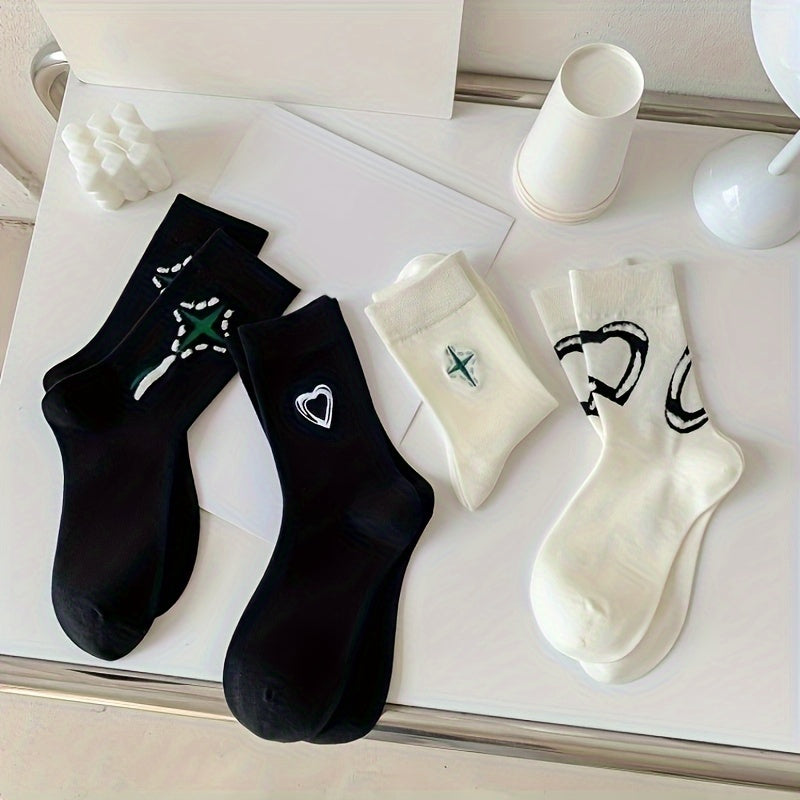 4 Pairs Heart & Cross Print Mid Tube Socks Women's Stockings