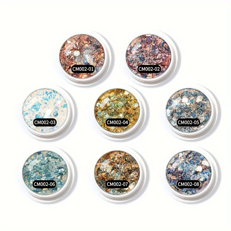 8 Boxes Nail Art Glitter Flakes Hexagon Sequins Powder for 3D Manicure