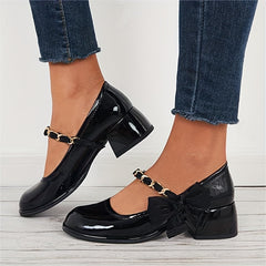 Women's Bowknot Mary Jane Chain Strap Round Toe Chunky Low Heels