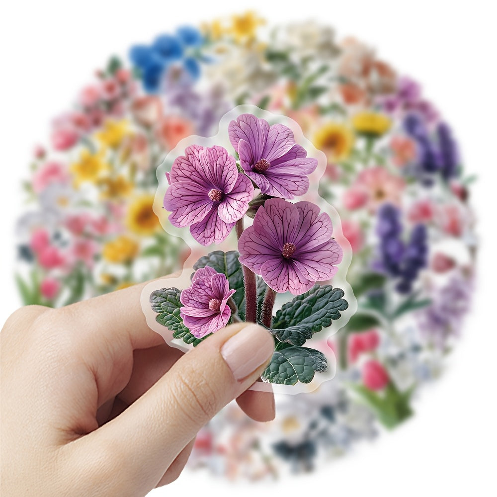 50pcs Transparent Floral PET Stickers - Reusable Self Adhesive Decals