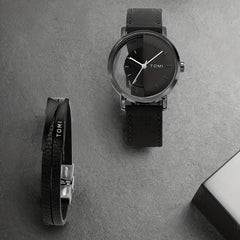 Men's Round Dial Quartz Watch & Letter Detail Bracelet Set