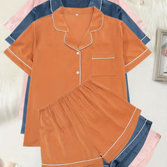 6 Pack Plus Size Pajama Set Women's Plus Short Sleeve Button Up Shirt & Shorts