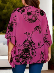  Floral Print Bat Sleeve V Neck Top