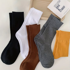 5 Pairs Women's Comfy Mid Tube Socks - Solid Color Breathable Stockings